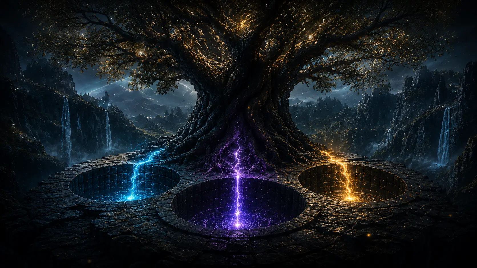 Three distinct illuminated Wells beneath a shared world tree
